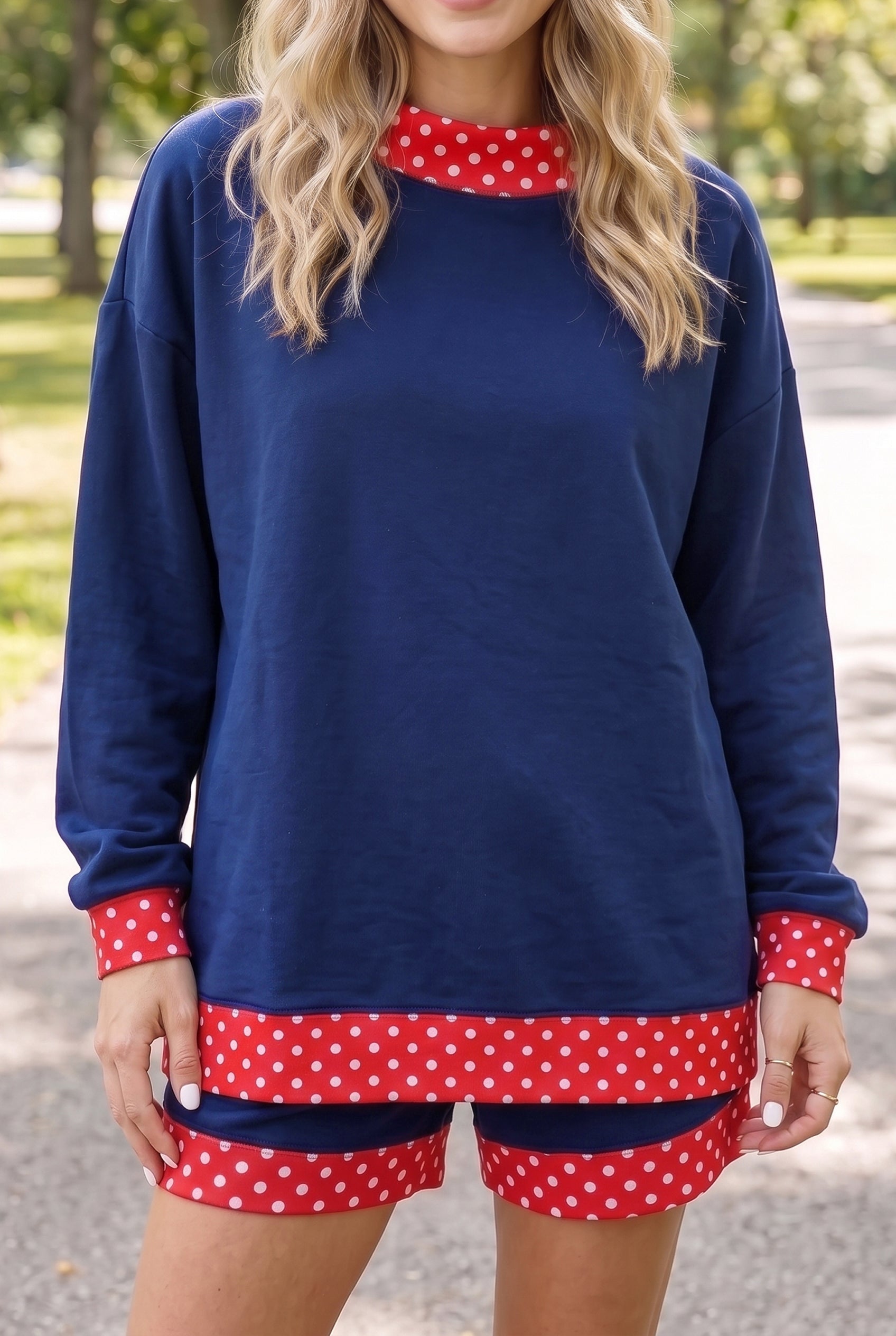 Racing Red Polka Dot Trim Baggy Pullover 2pcs Short Set