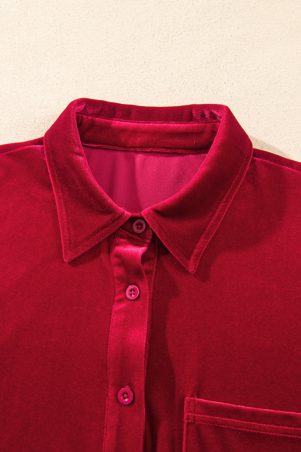 Fiery Red Soft Velvet Patch Pocket Button Down Loose Shirt