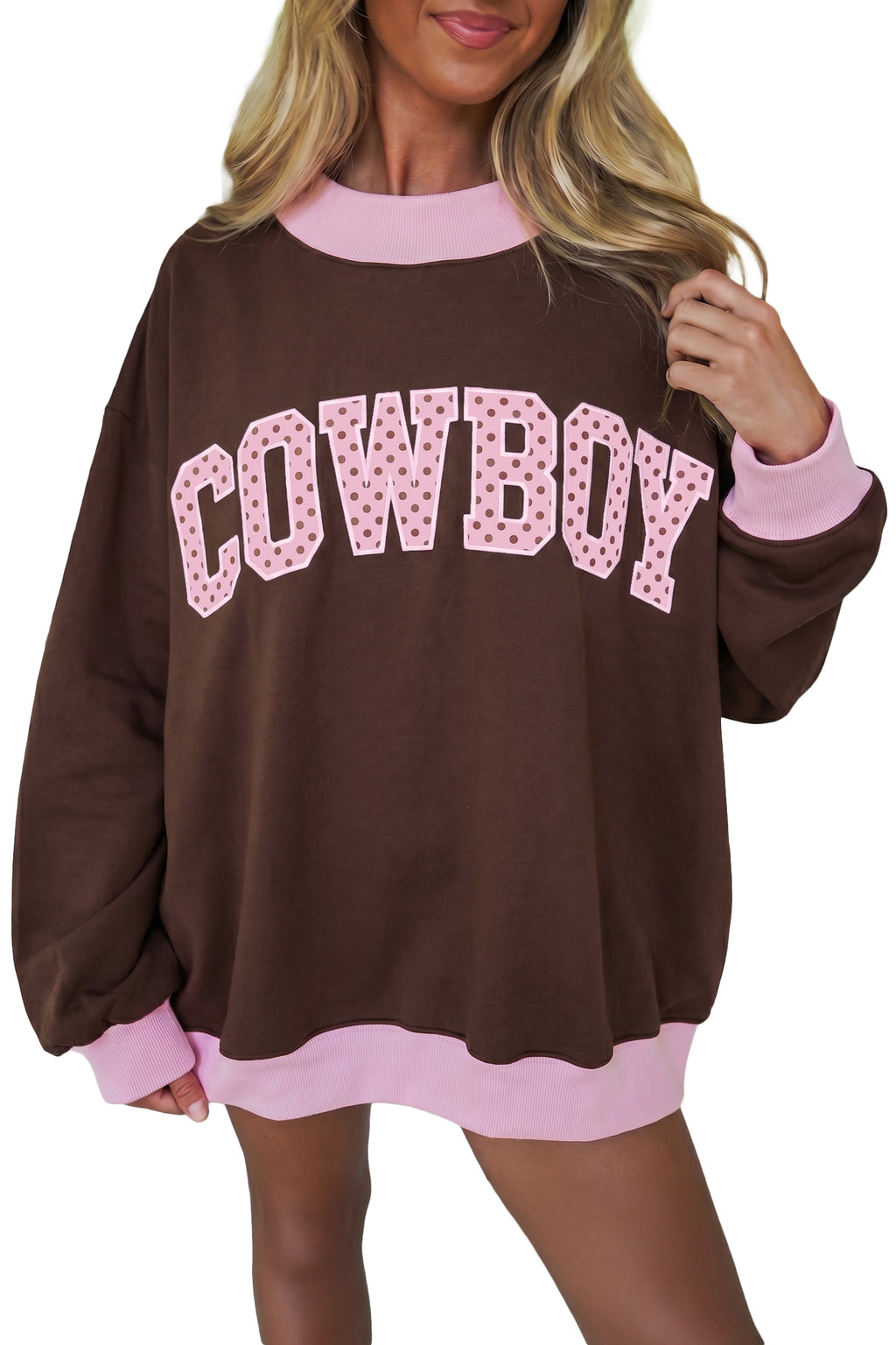 Pink Polka Dot Letter Graphic Colorblock Tunic Sweatshirt