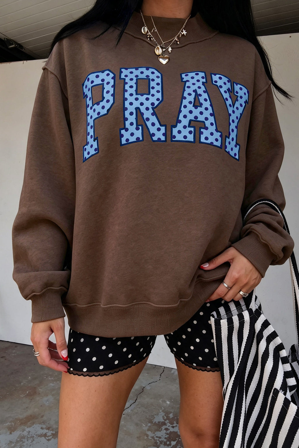 Orange PRAY Plaid Embroidered Mock Neck Sweatshirt