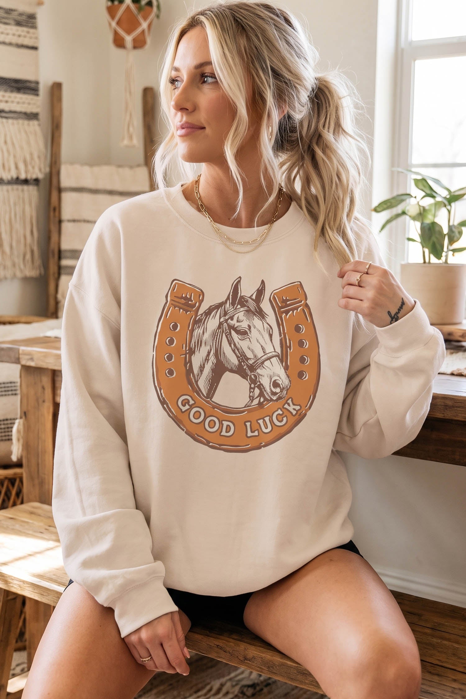Beige GOOD LUCK Western Horse Print Oversized Pullover Sweatshirt