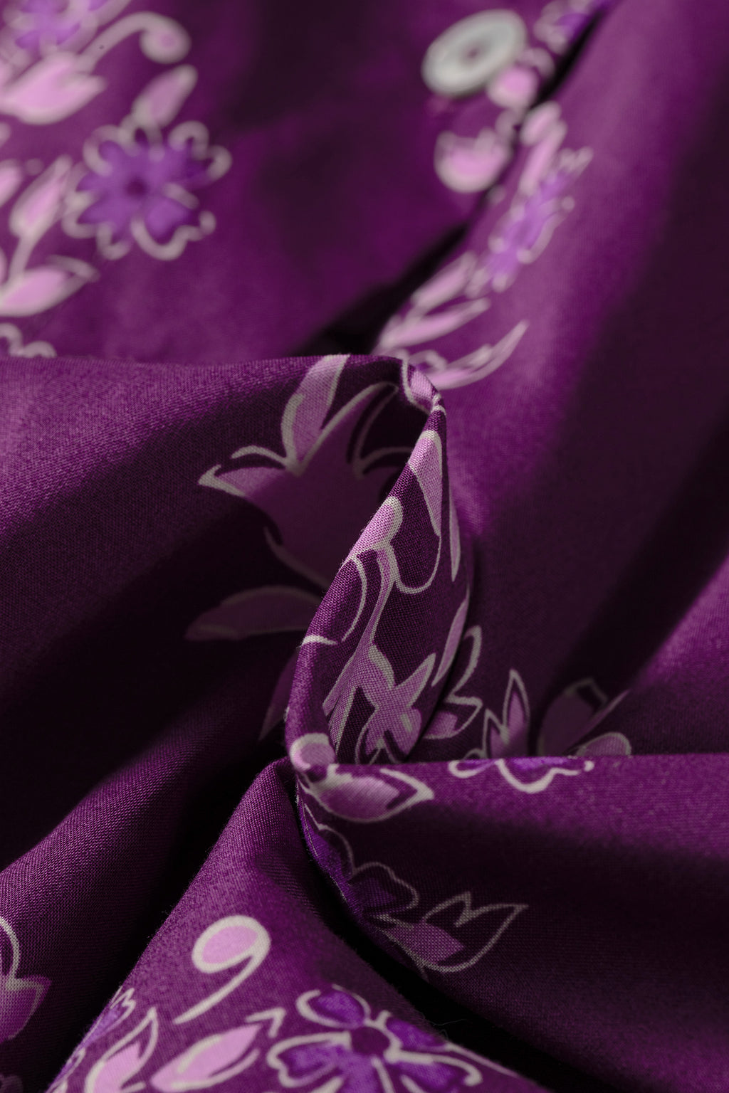 Purple Floral Print Button-Up Long Puff Sleeve Loose Shirt