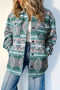 Green Geometric Print Button Front Long Sleeve Shacket