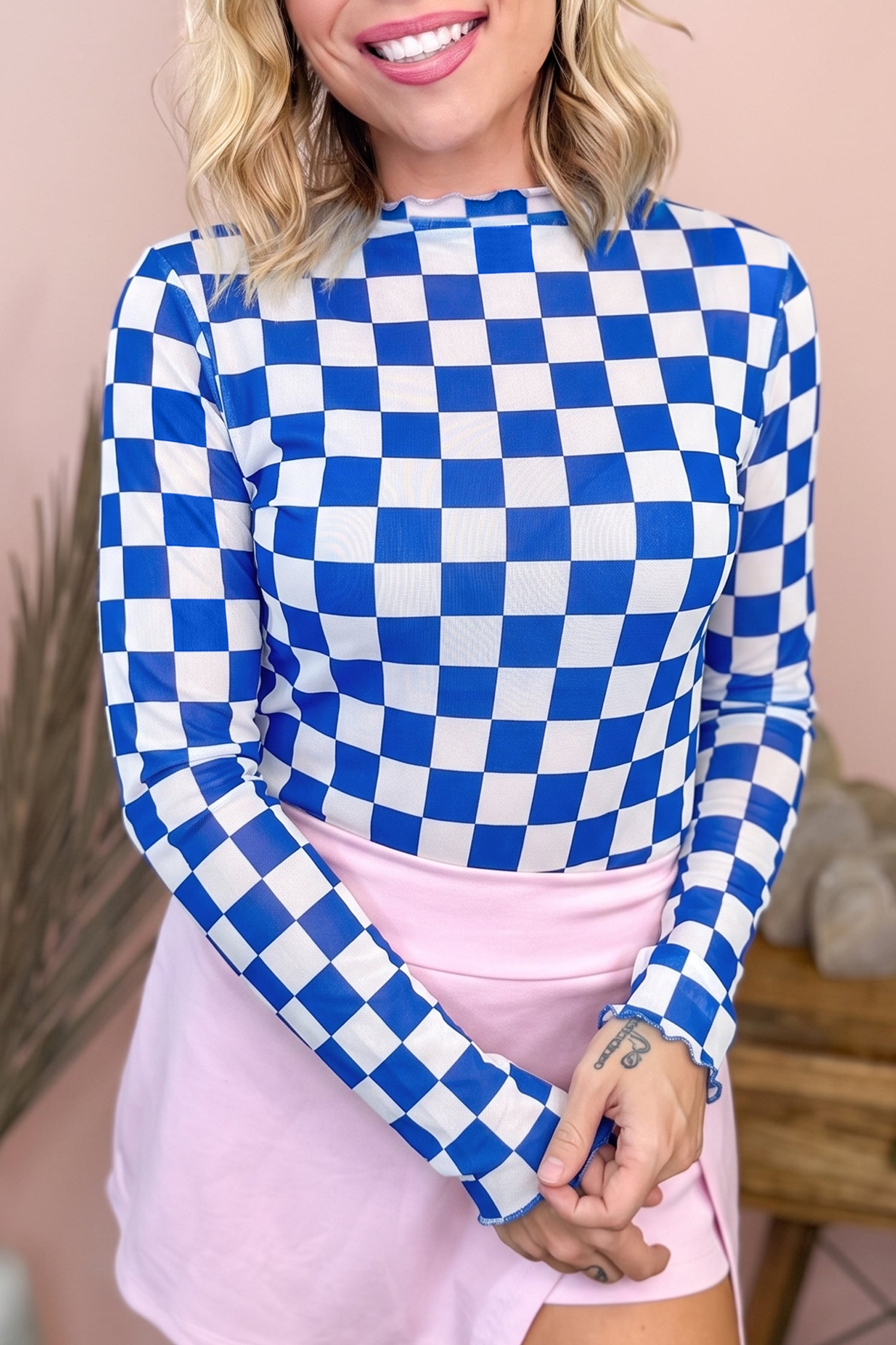 Dark Blue Plaid Mesh Sheer Long Sleeve Top
