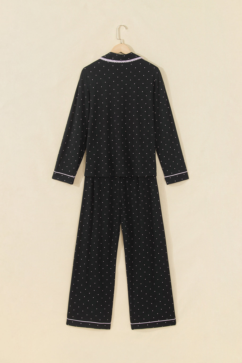 Black Polka Dot Long Sleeve Shirt Lace Detail Two Piece Pajama Pant Set