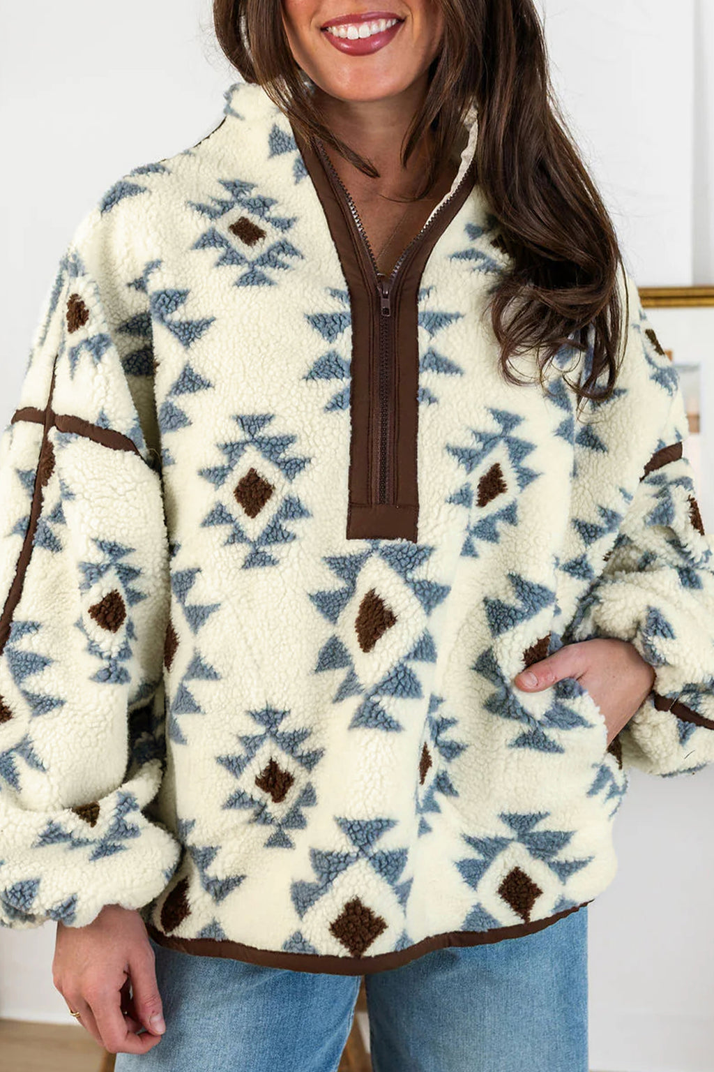 Beige Geometric Print Sherpa Western Style Long Sleeve Sweatshirt