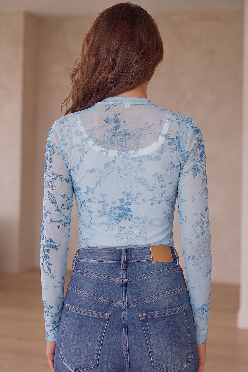 Sky Blue Sheer Mesh Floral Printed Mock Neck Long Sleeve Bodysuit
