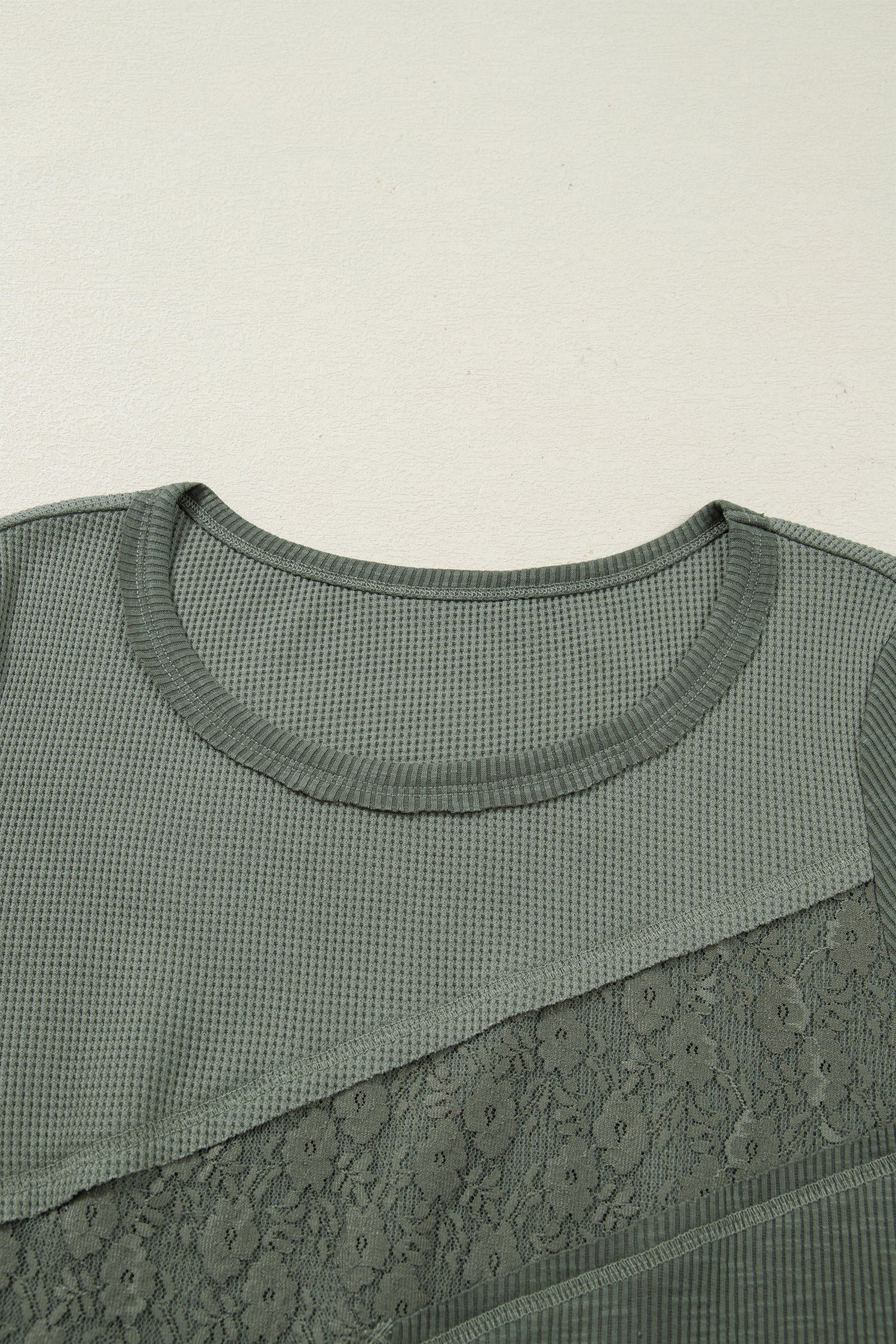 Sage Green Solid Color Waffle Ribbed Lace Patchwork Long Sleeve Top