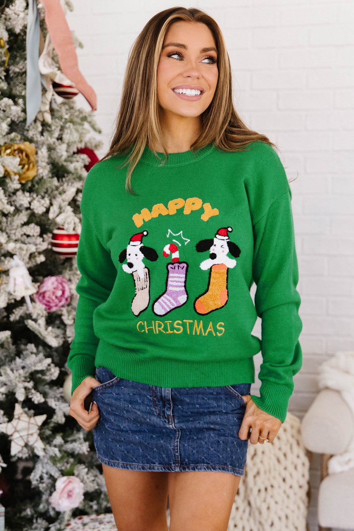 Dark Green Abstract Patch Embroidery Christmas Pullover Sweater