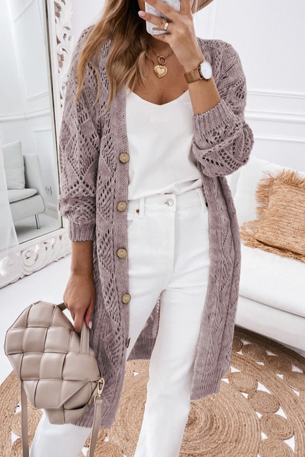 Purple Hollow-out Openwork Knit Cardigan