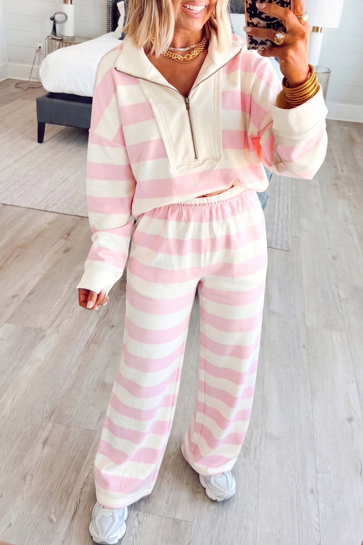 Pink Stripe Color Block Patchwork Zip Long Sleeve Top Elastic Waist Pants Set