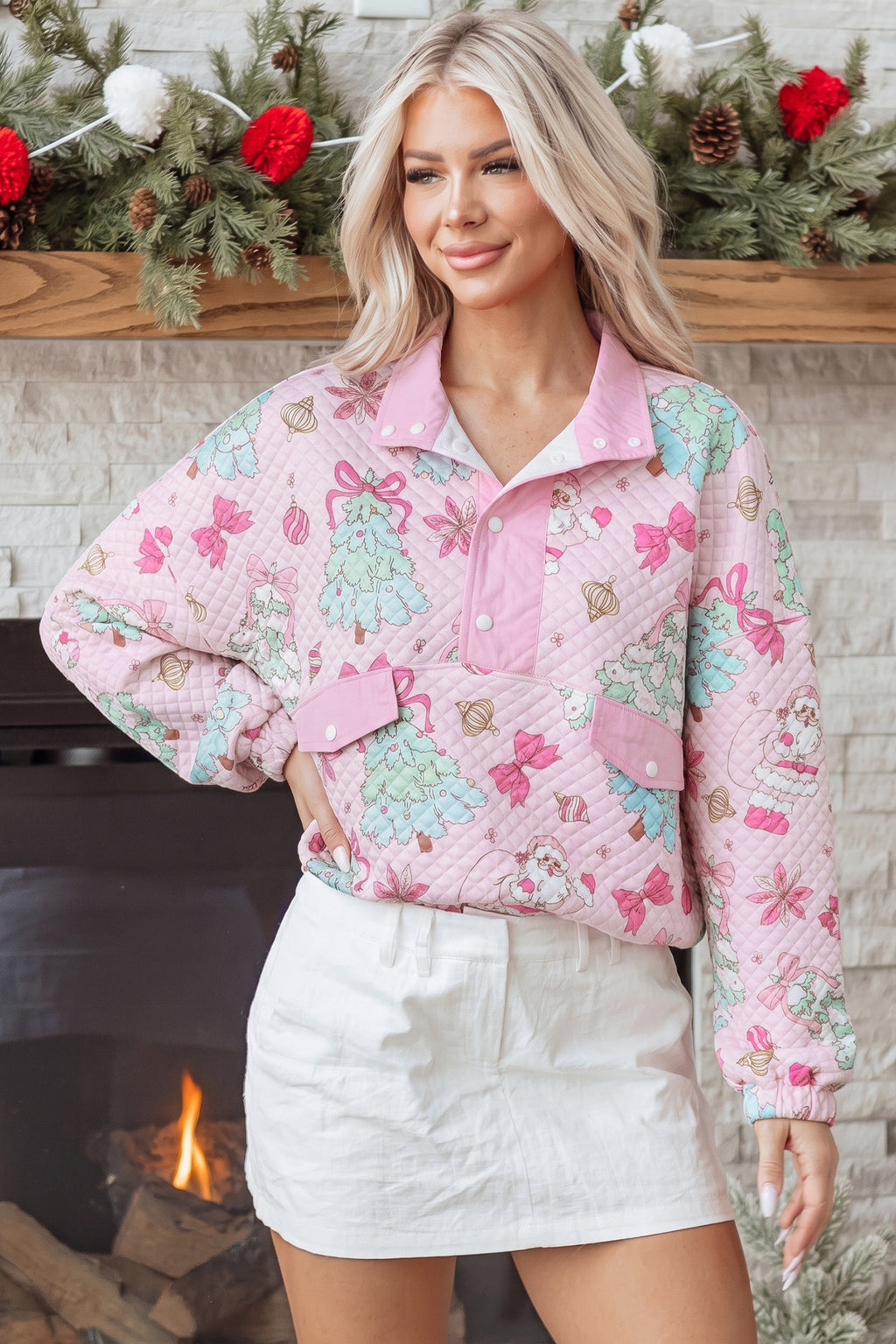 Pink Cute Christmas Print Collar Half Button Loose Sweatshirt