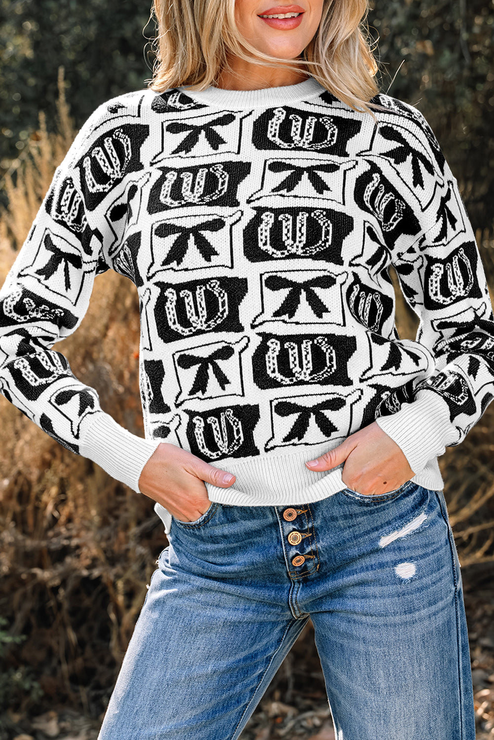 Black Bows & Horseshoes Pattern Western Fashion Print Sweater