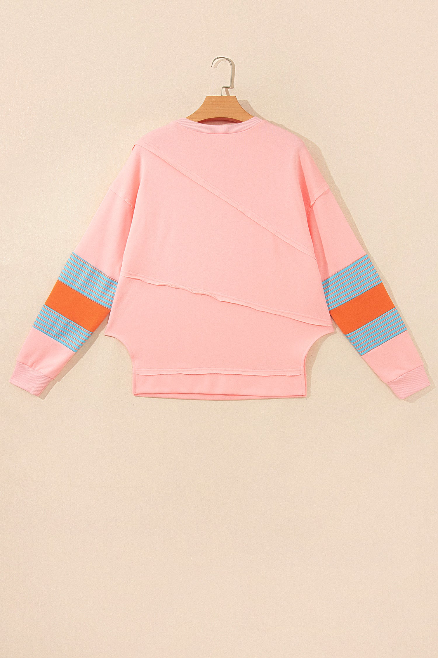 Pink Colorblock Striped Patchwork Long Sleeve Round Neck Blouse