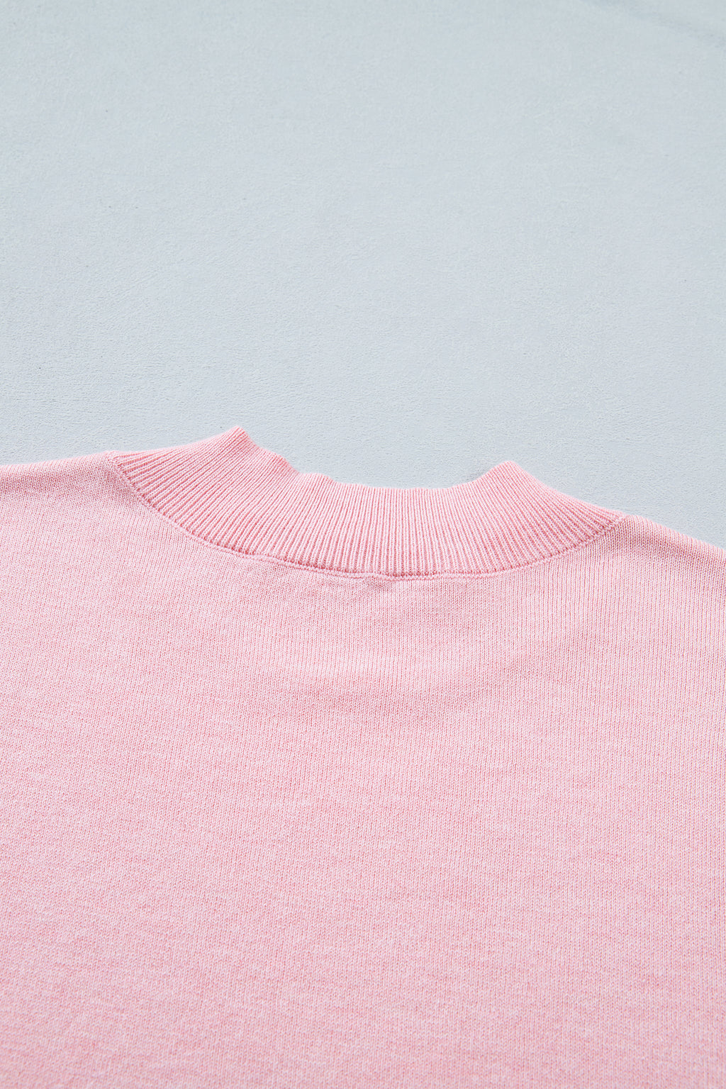 Pink Stand Neck Contrast Wavy Trim Short Sleeve Sweater