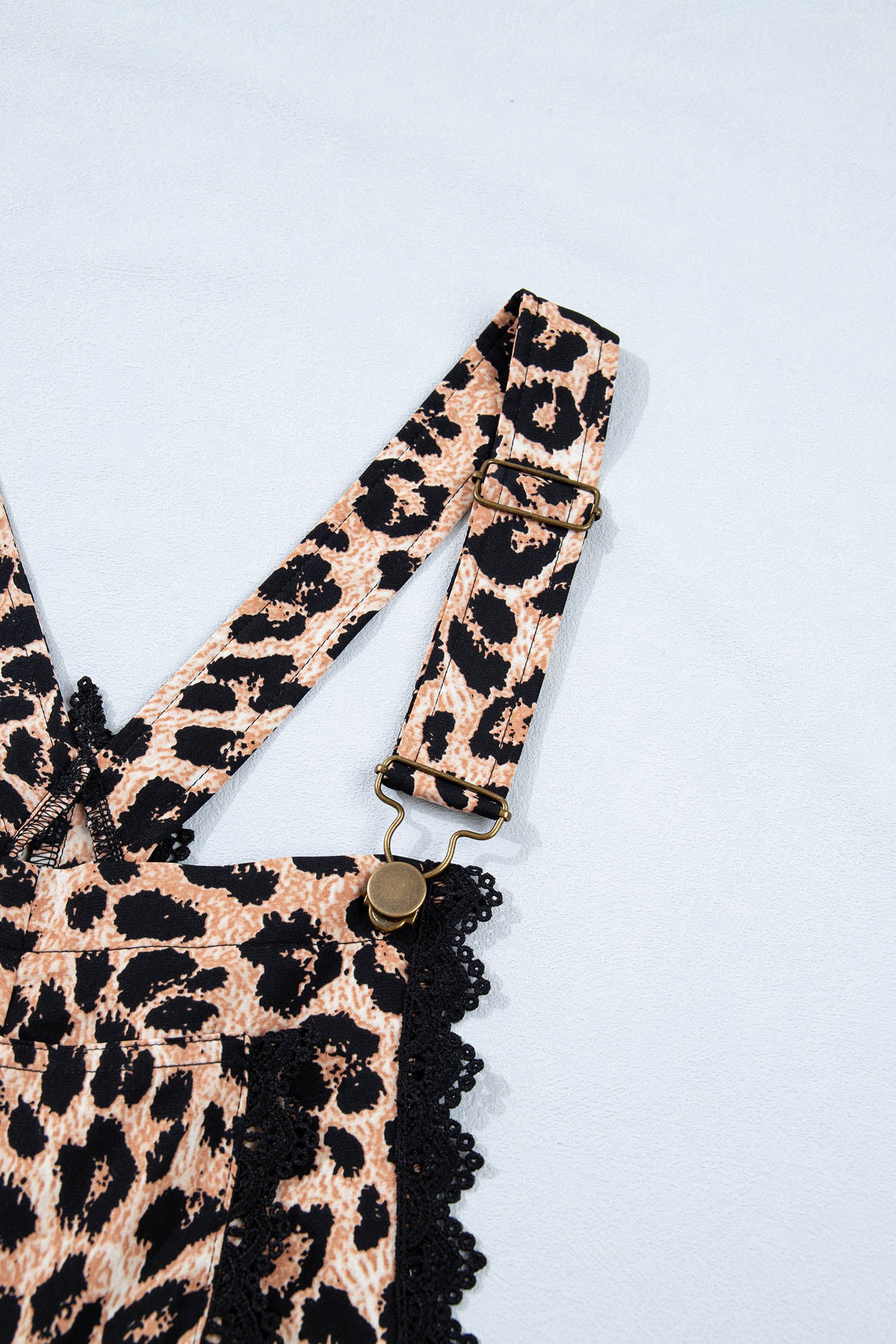 Khaki Cheetah Printed Contrast Lace Detail Ruffled Wide Leg Jumpsuit