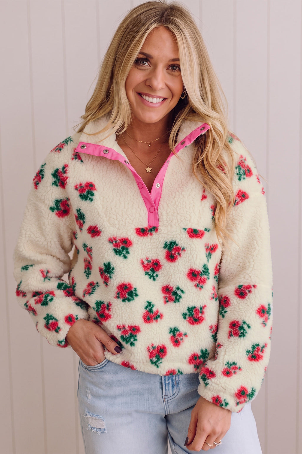 White Floral Print Fleece Contrast Trim Button Collar Sweatshirt