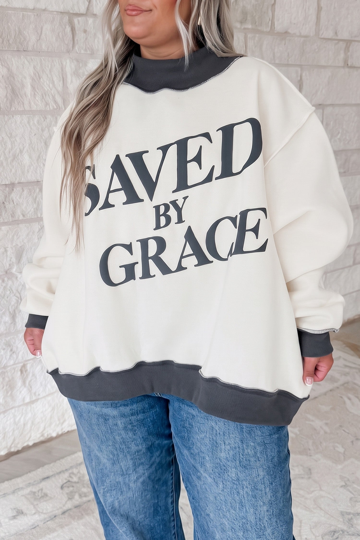 Beige SAVED BY GRACE Letter Print Color Block Mock Neck Plus Size Sweatshirt