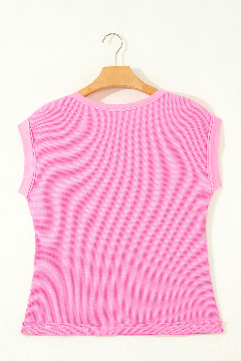 Pink Solid Color Raw Seam Waffled Patchwork Casual T Shirt