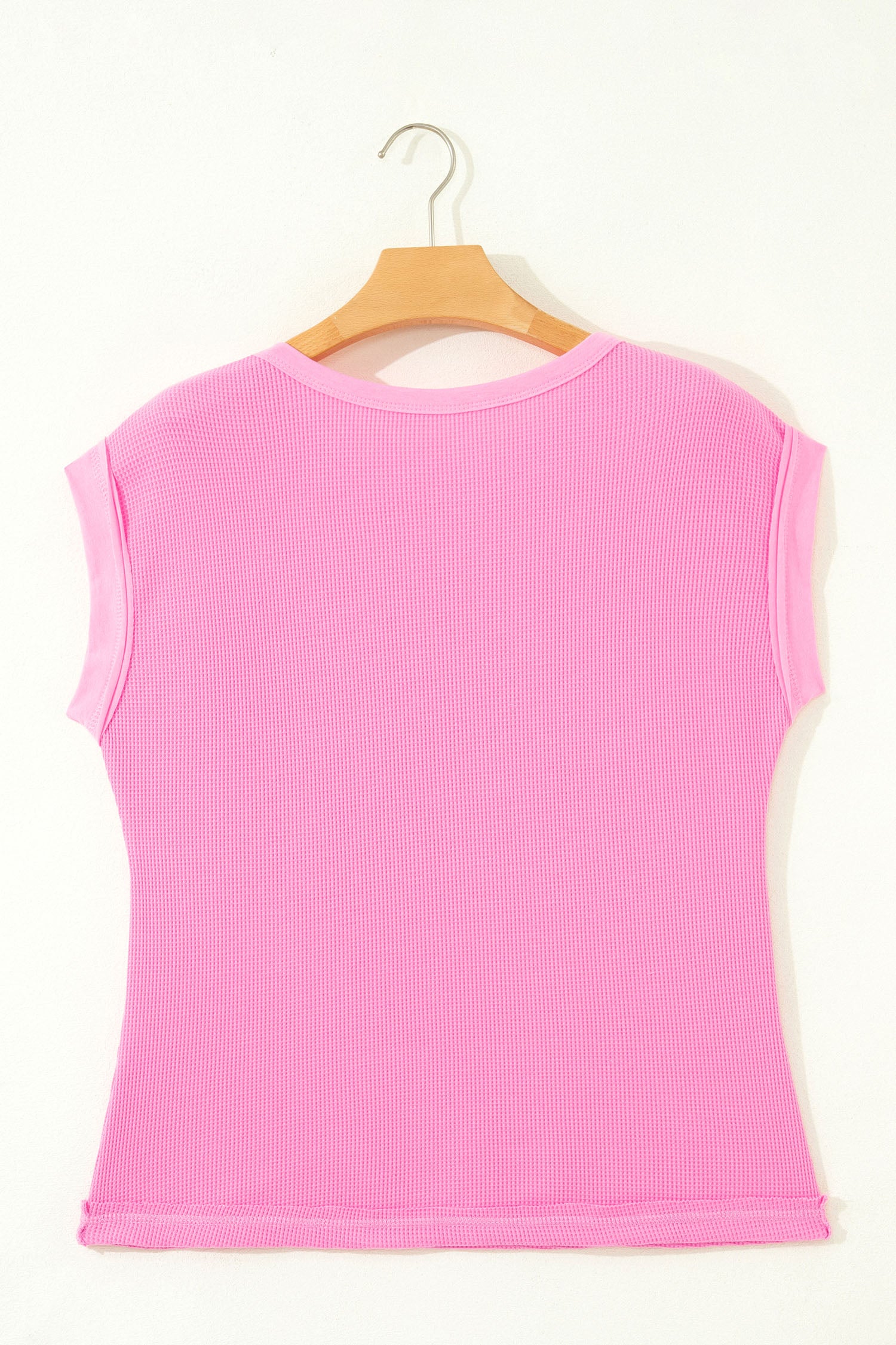 Pink Solid Color Raw Seam Waffled Patchwork Casual T Shirt