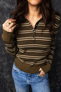 Green Stripe Striped Ribbed Knit Button Collar Sweater