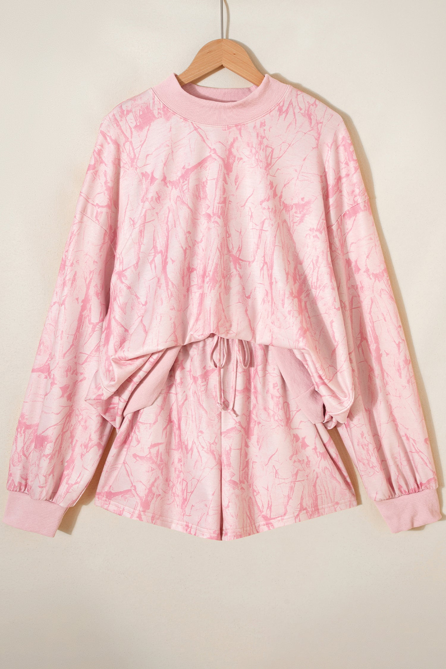 Pink Mock Neck Pullover and Shorts Camo Set