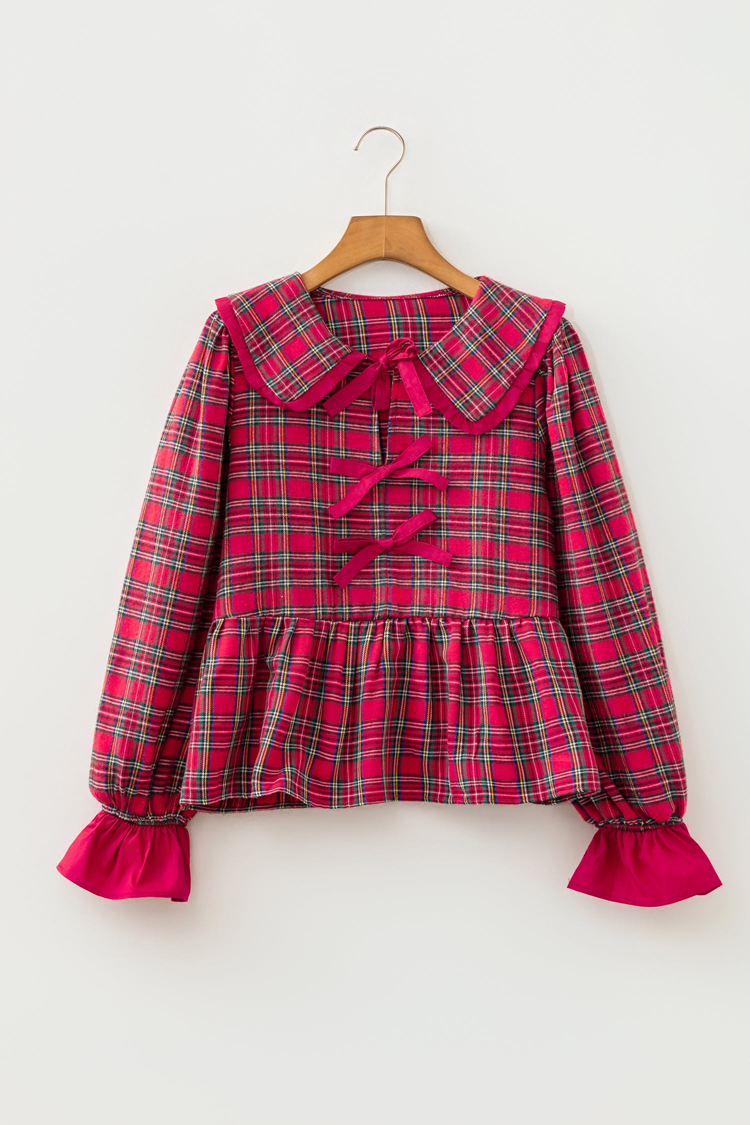 Red Plaid Tie Neck Ruffle Cuffs Long Sleeve Shift Blouse