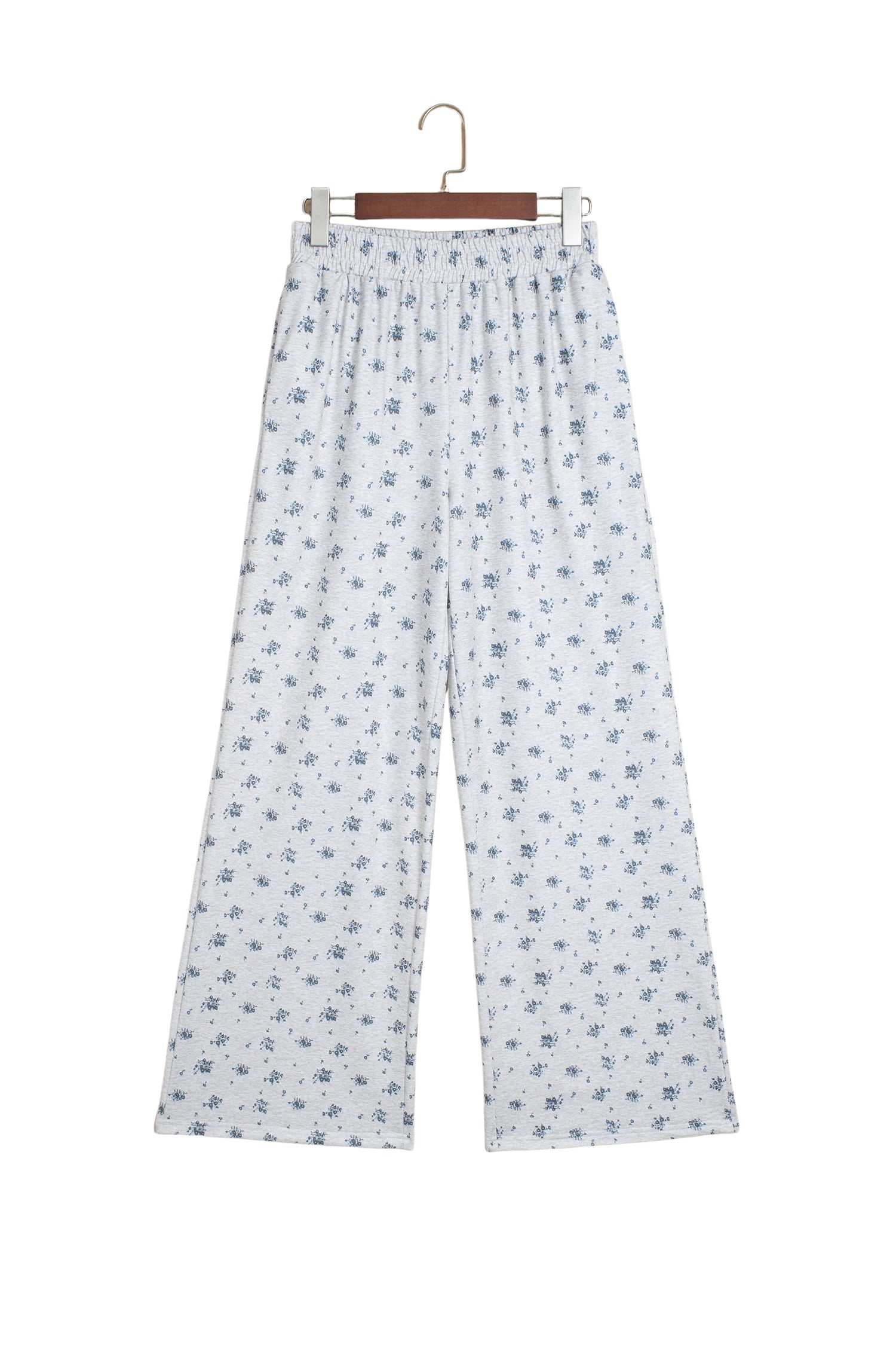 Gray Floral Print Elastic Waist Full Length Regular Pants