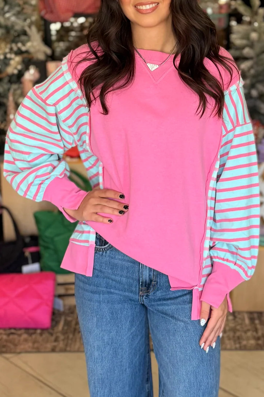 Rose Stripe Color Block Patchwork Relaxed Split Long Sleeve Top