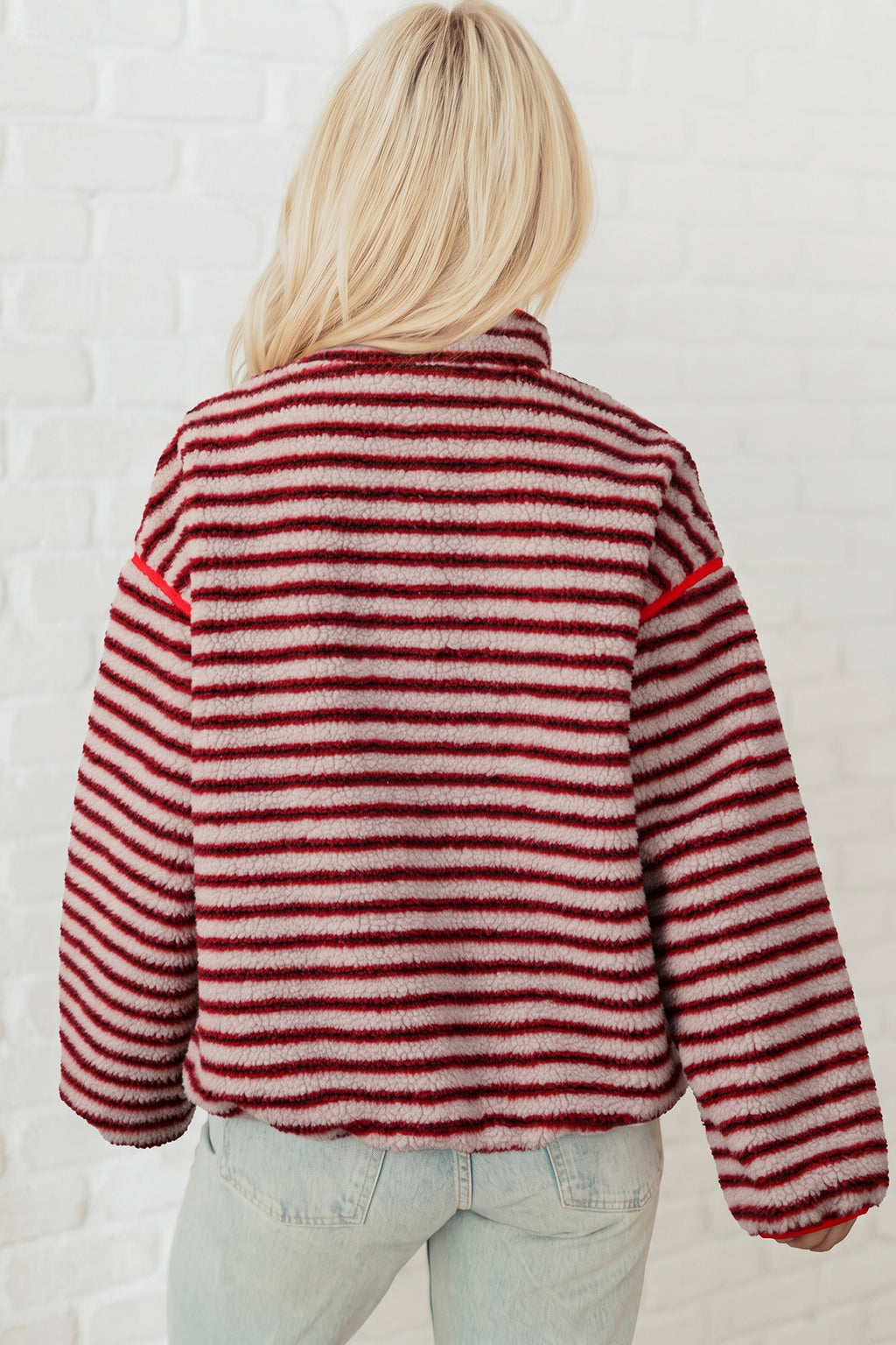 Red Striped Fuzzy Colorblock Button Placket Sweatshirt