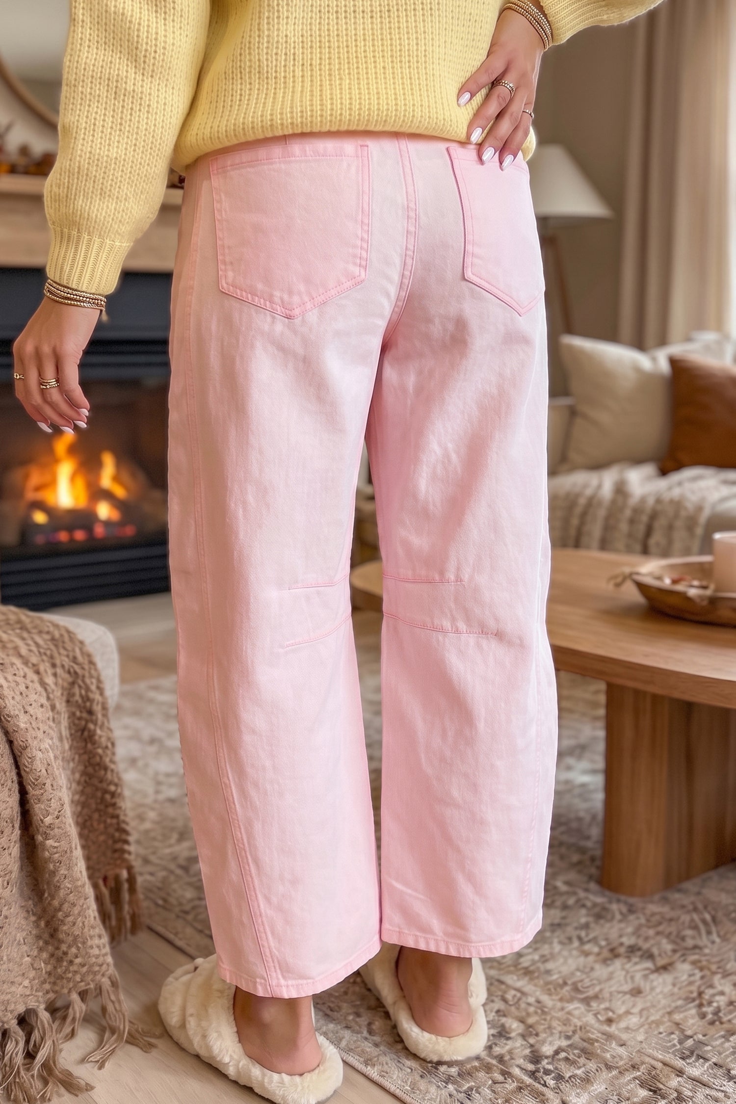Light Pink Solid Color Grommet Detail Knot Waist Barrel Jeans