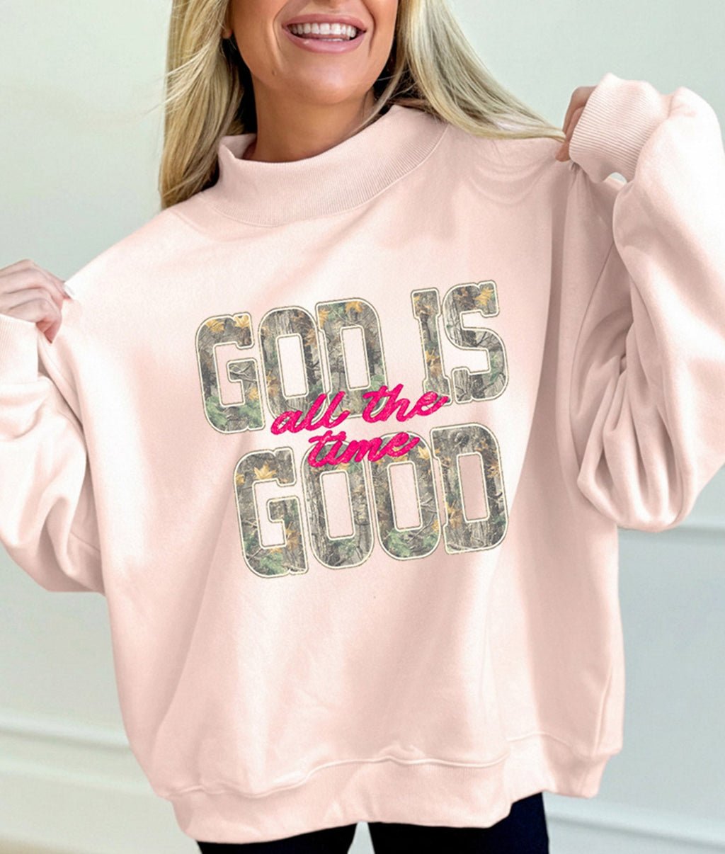 Apricot Pink Camo Print Letter Graphic Mock Neck Sweatshirt