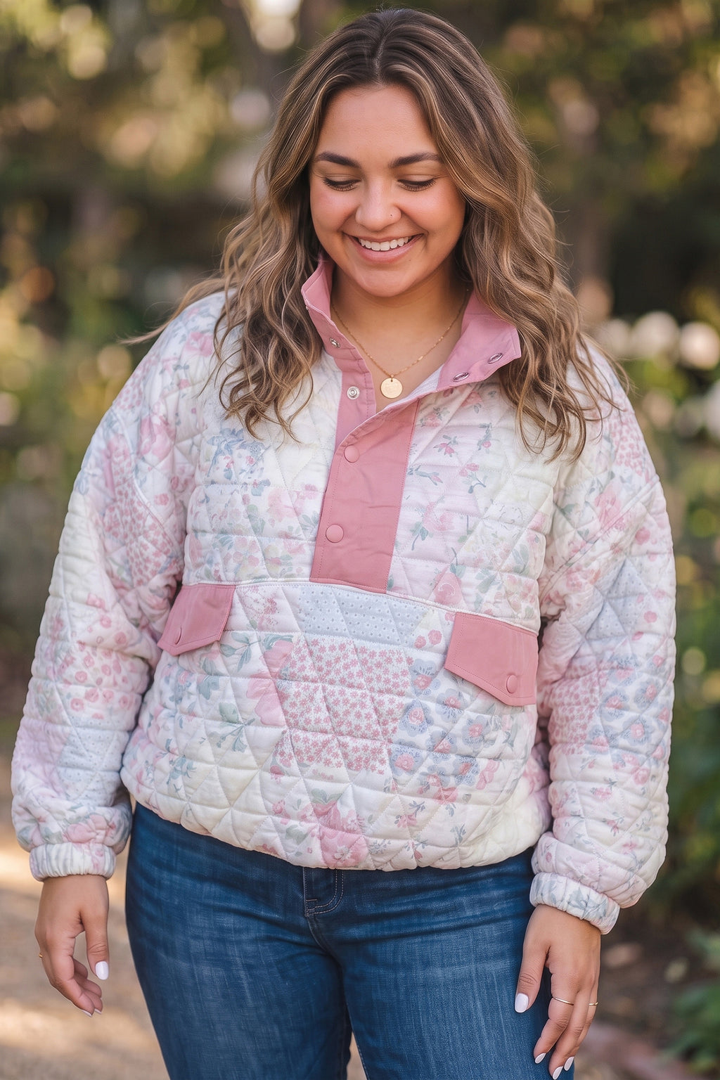 Pink Floral Quilted V-Neck Plus Size Fake Pocket Sweatshirt