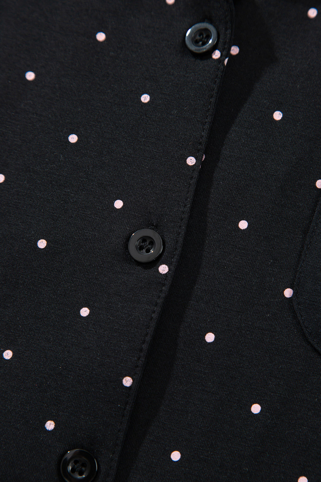Black Polka Dot Long Sleeve Shirt Lace Detail Two Piece Pajama Pant Set
