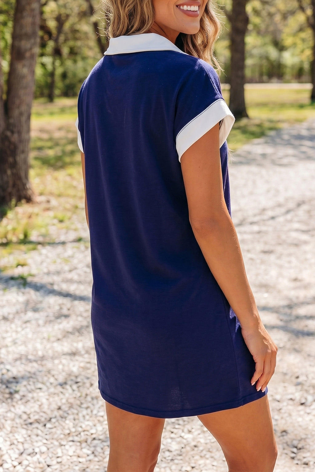 Navy Blue Americana Colorblock Stripes Zip up Collared T Shirt Mini Dress