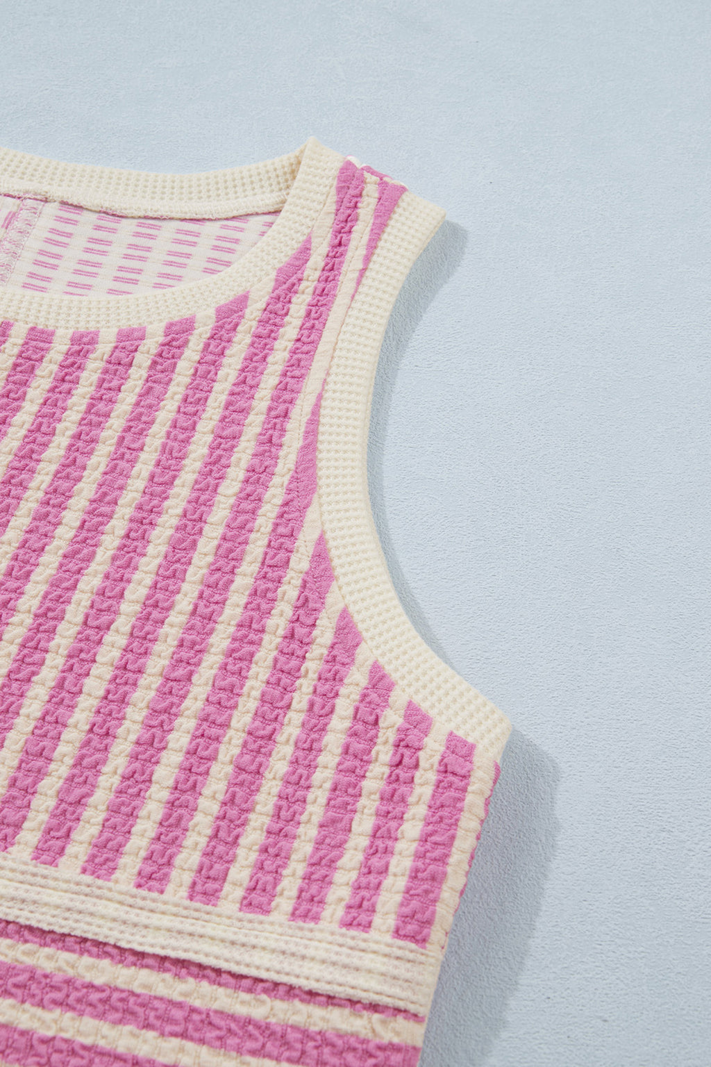 Pink Stripe Textured Contrast Trim Casual Tank and Shorts Set