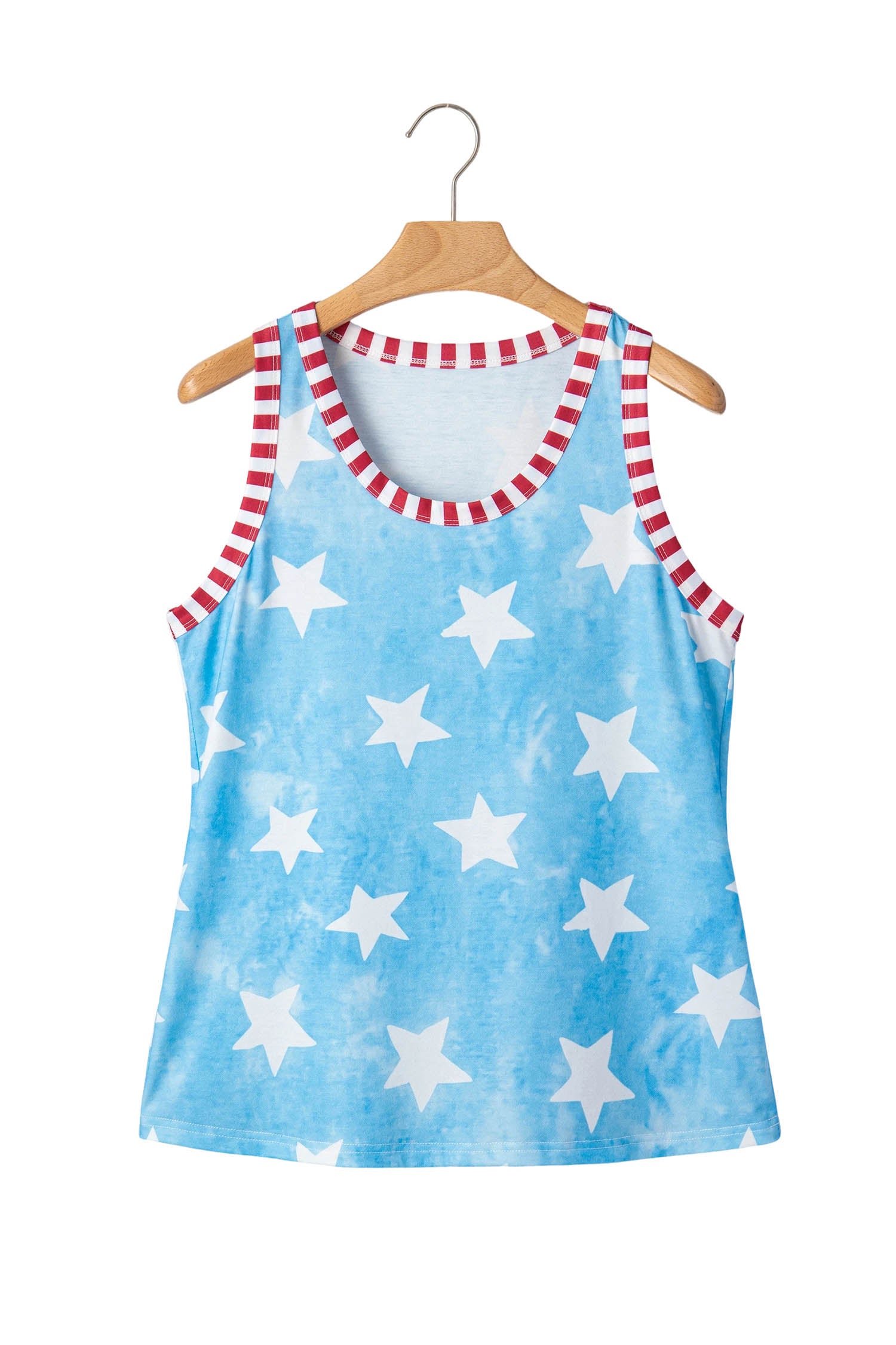 Sky Blue Tie Dye Star Print Striped Trim Round Neck Casual Tank Top