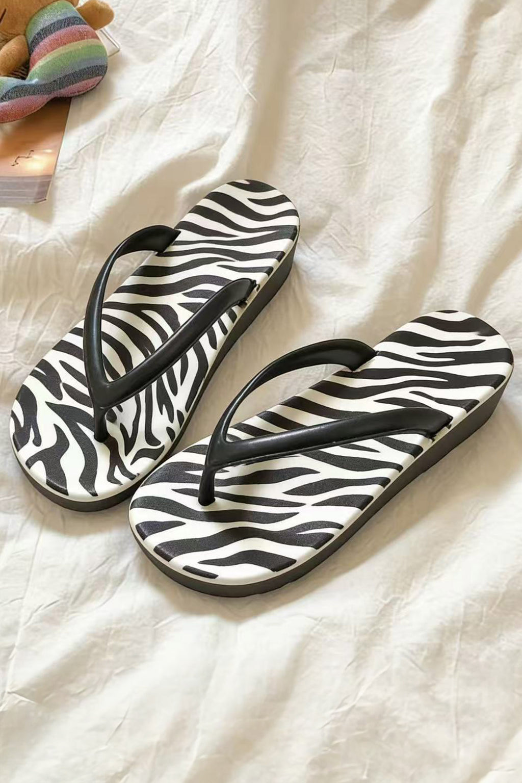 Black Zebra Print PVC Casual Flip Flops