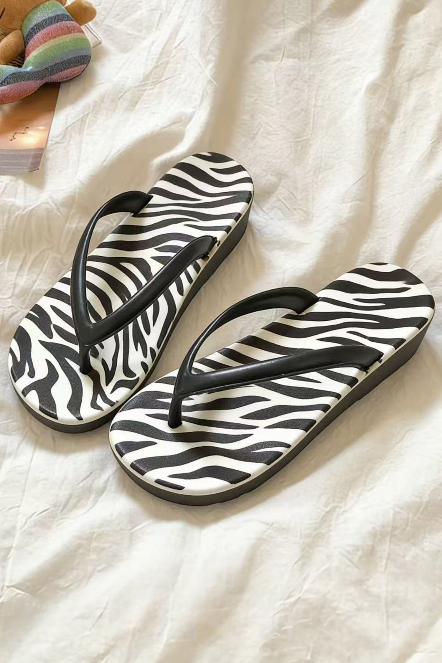 Black Zebra Print PVC Casual Flip Flops