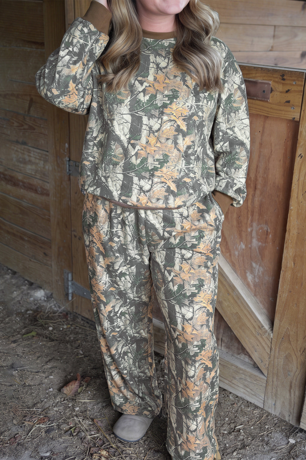 Brown Jungle Camouflage Print Ribbed Trim Long Sleeve Top Plus Size Pant Set