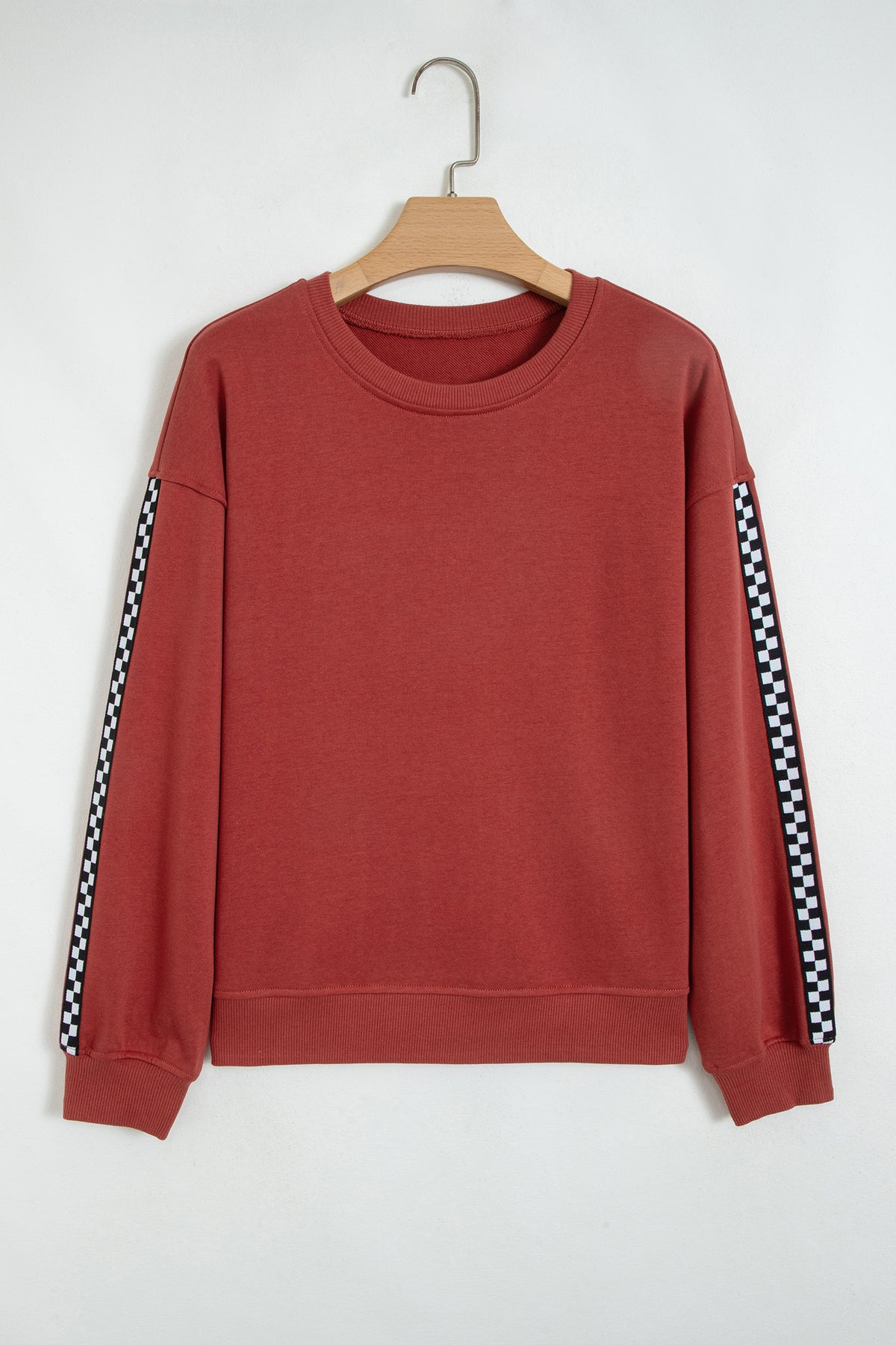 Mineral Red Checkered Trim Long Sleeve Round Neck Shift Sweatshirt
