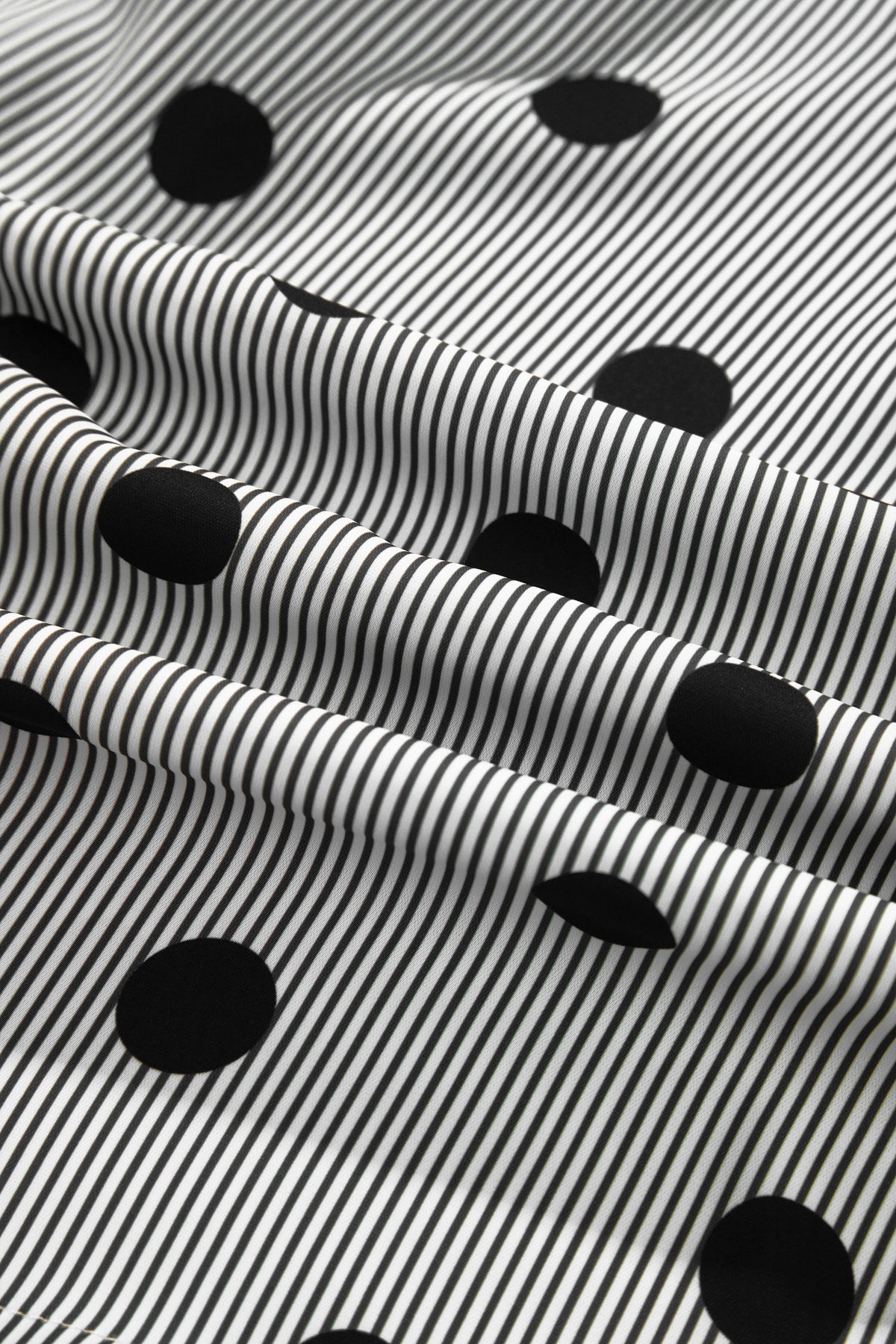 Black white Polka Dot Striped Print Ruffle Stand Neck 3/4 Sleeve Shift Shirt