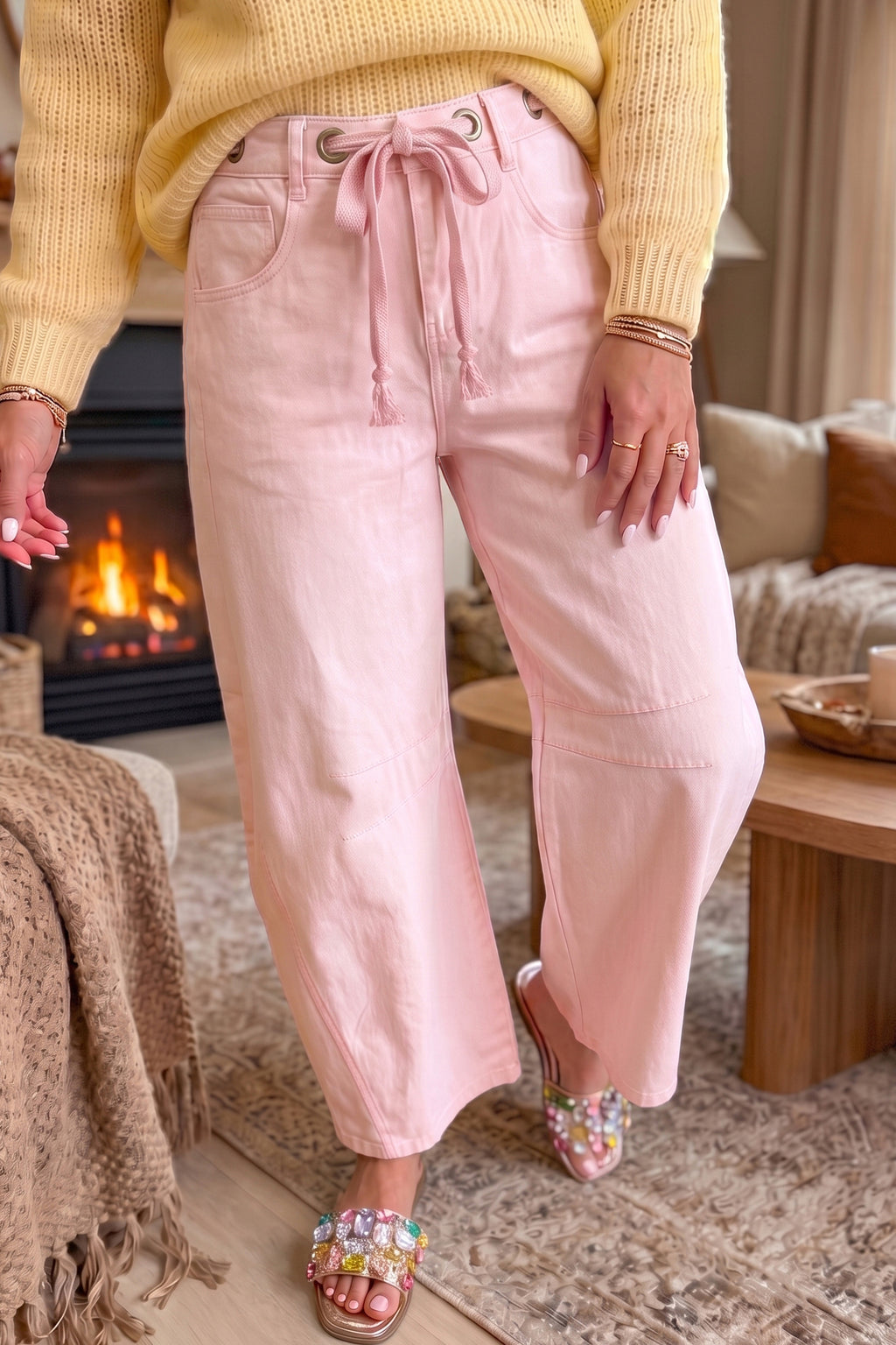 Light Pink Solid Color Grommet Detail Knot Waist Barrel Jeans