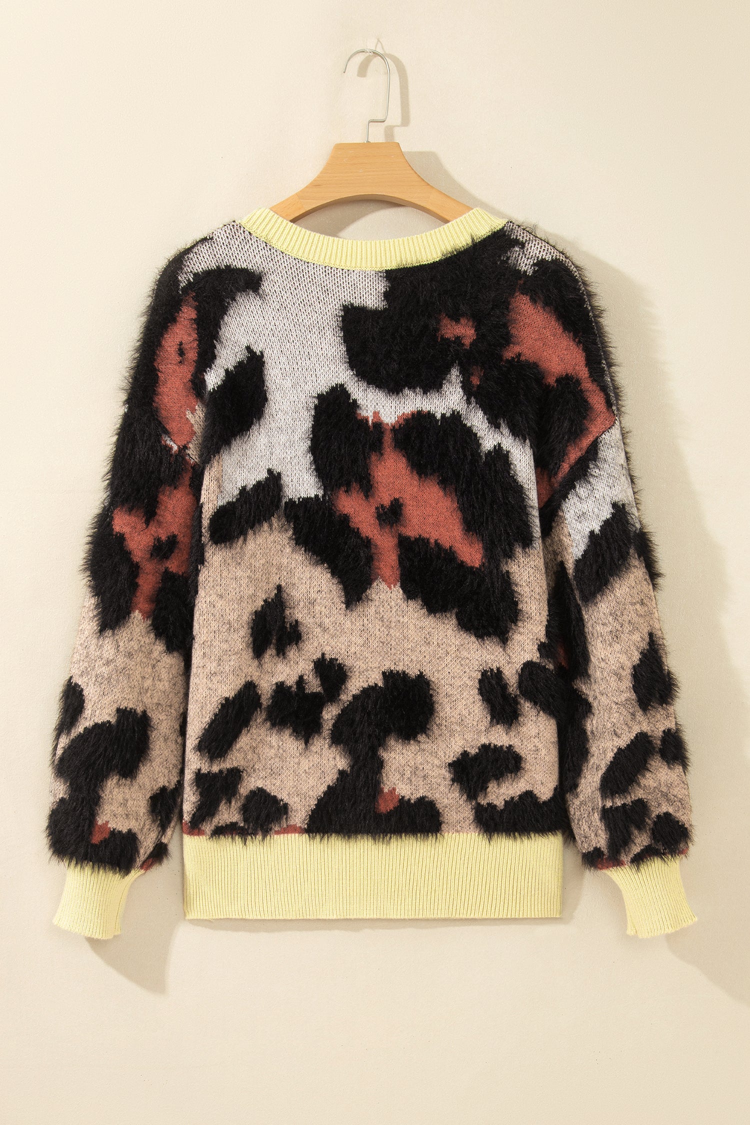 Khaki Leopard Print Drop Shoulder Long Sleeve Round Neck Sweater