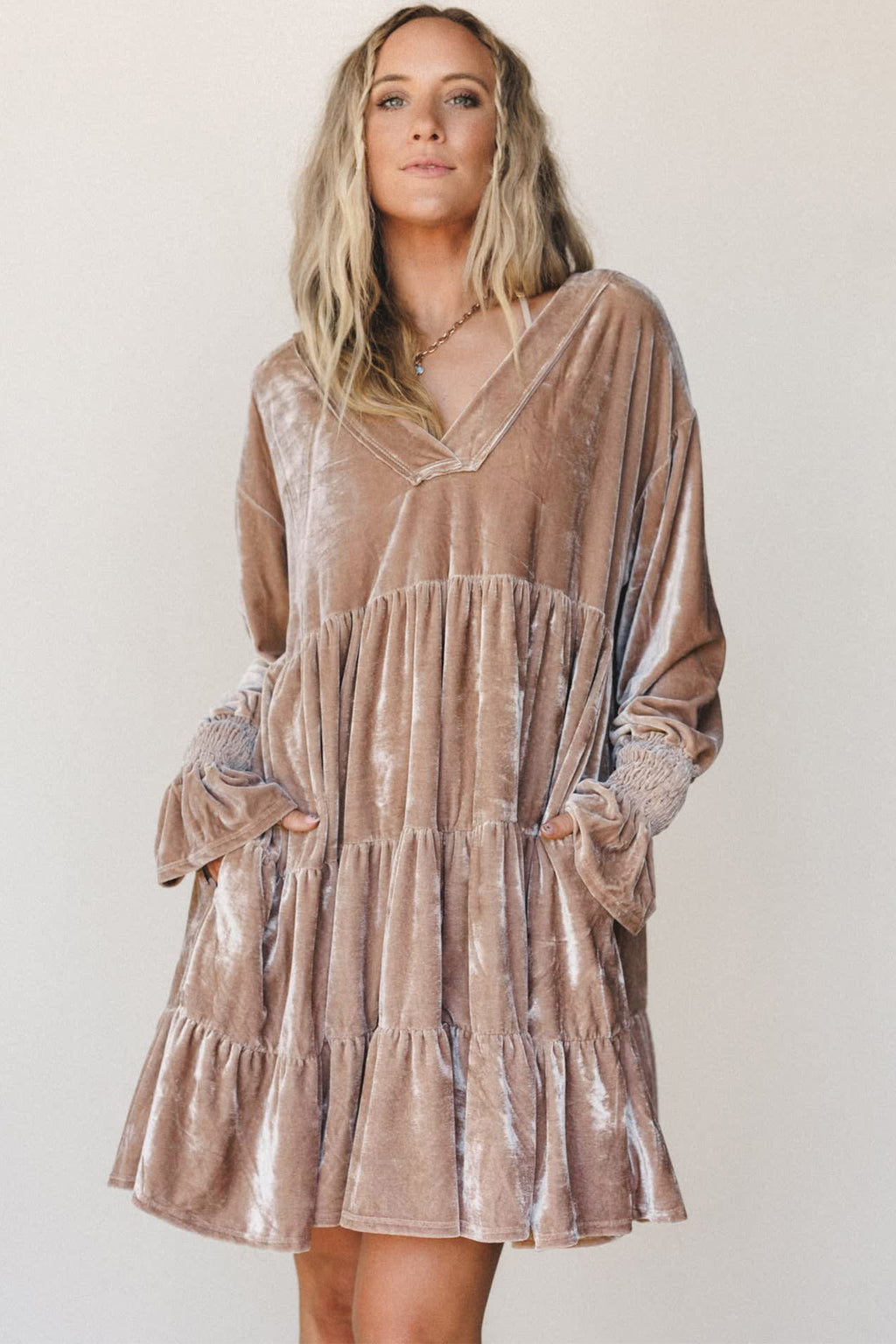 Smoke Gray Solid Color V Neck Velvet Tiered Long Sleeve Dress