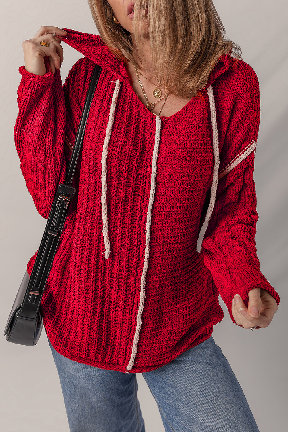 Racing Red Color Contrast Trim Textured Knit Drawstring Hooded Sweater
