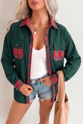 Blackish Green Plaid Pocket Button Long Sleeve Shift Shacket