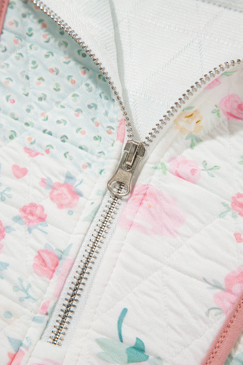 Multicolour Floral Quilted Metal Zipper Collar Long Sleeve Sweatshirt