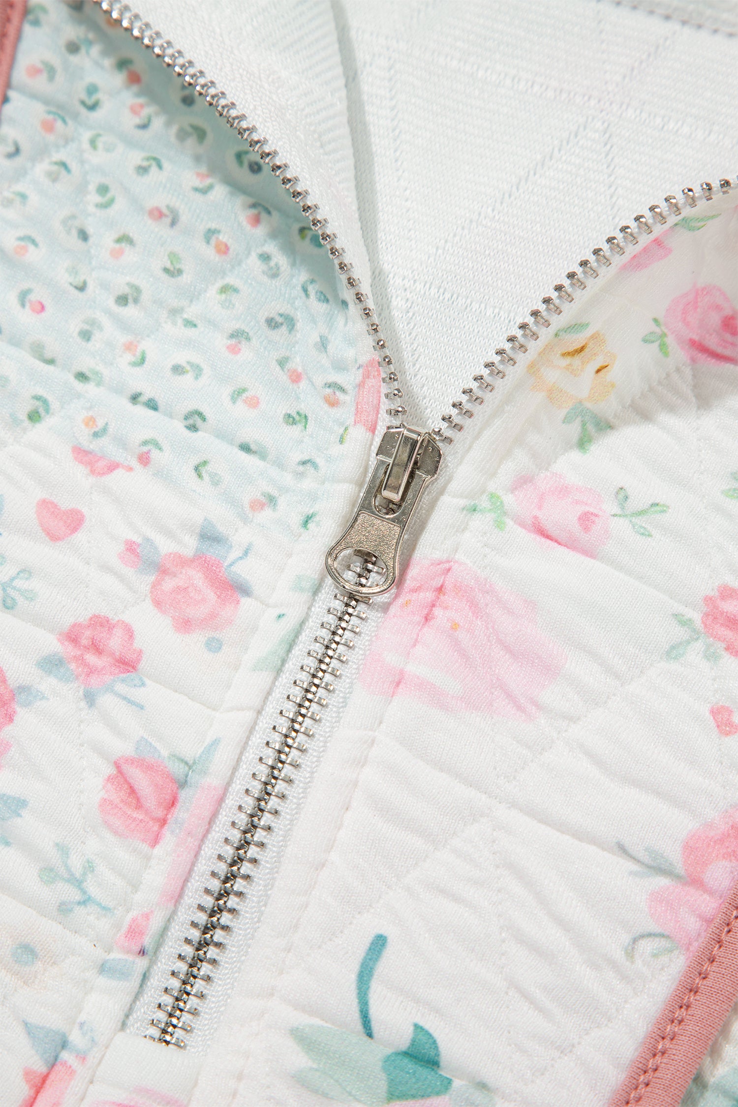Multicolour Floral Quilted Metal Zipper Collar Long Sleeve Sweatshirt
