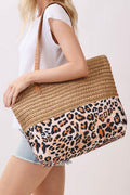 Thai Curry Straw Woven Leopard Patchwork Large Tote Bag
